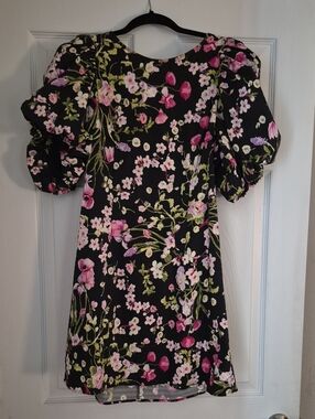 H&M Black Mini Dress with Pink and Green Floral Print